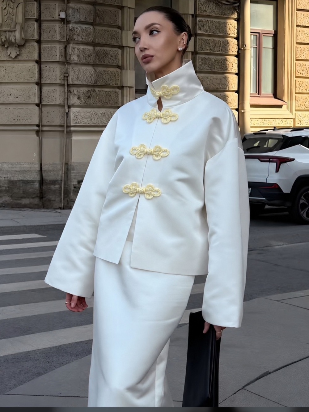Elegant White Mandarin Collar Jacket with Yellow Frog Closures
